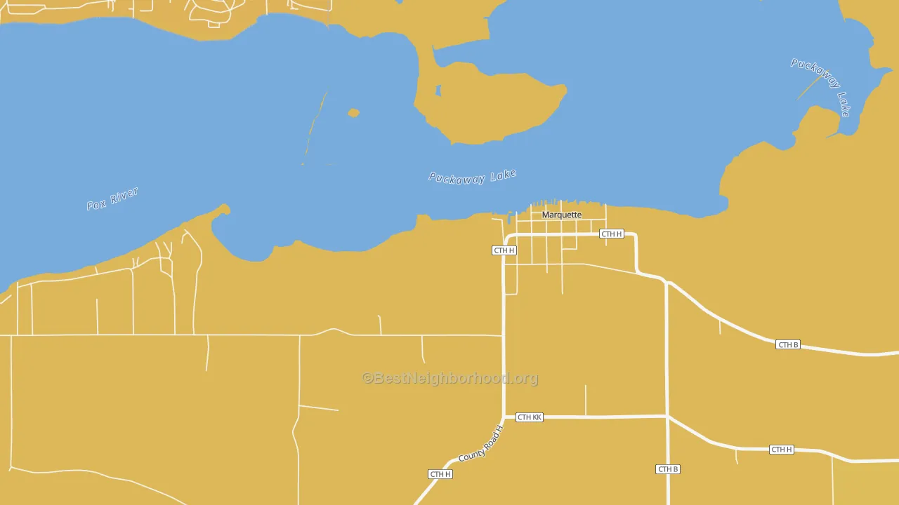 Map of the best neighborhoods in the 53947 area, with better matches in green and worse matches in red