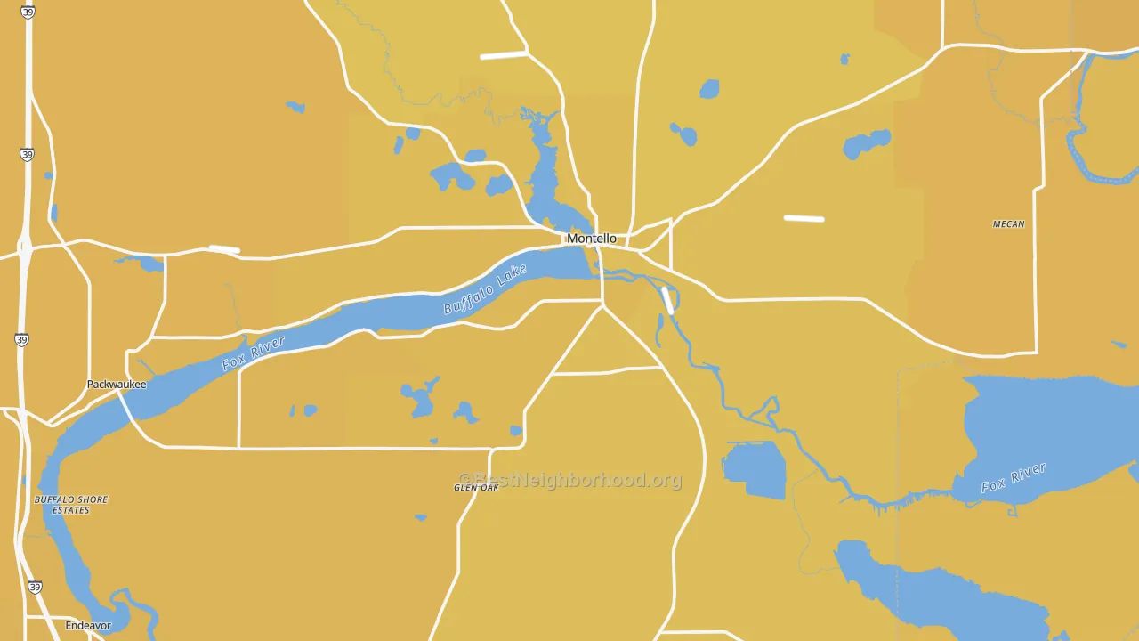Map of the best neighborhoods in the 53949 area, with better matches in green and worse matches in red