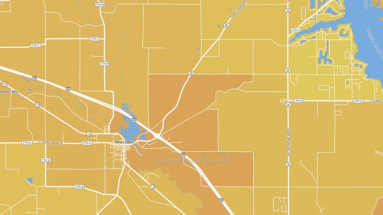 Map of the best neighborhoods in the 53950 area, with better matches in green and worse matches in red