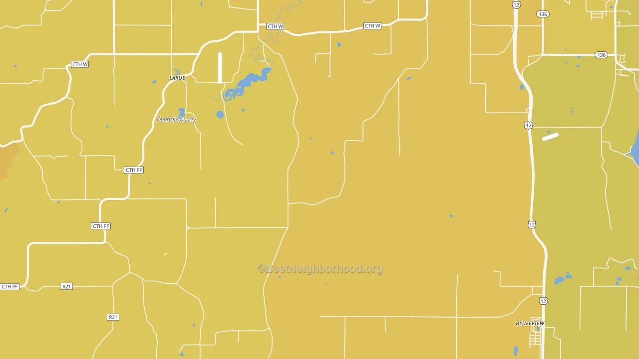 Map of the best neighborhoods in the 53951 area, with better matches in green and worse matches in red