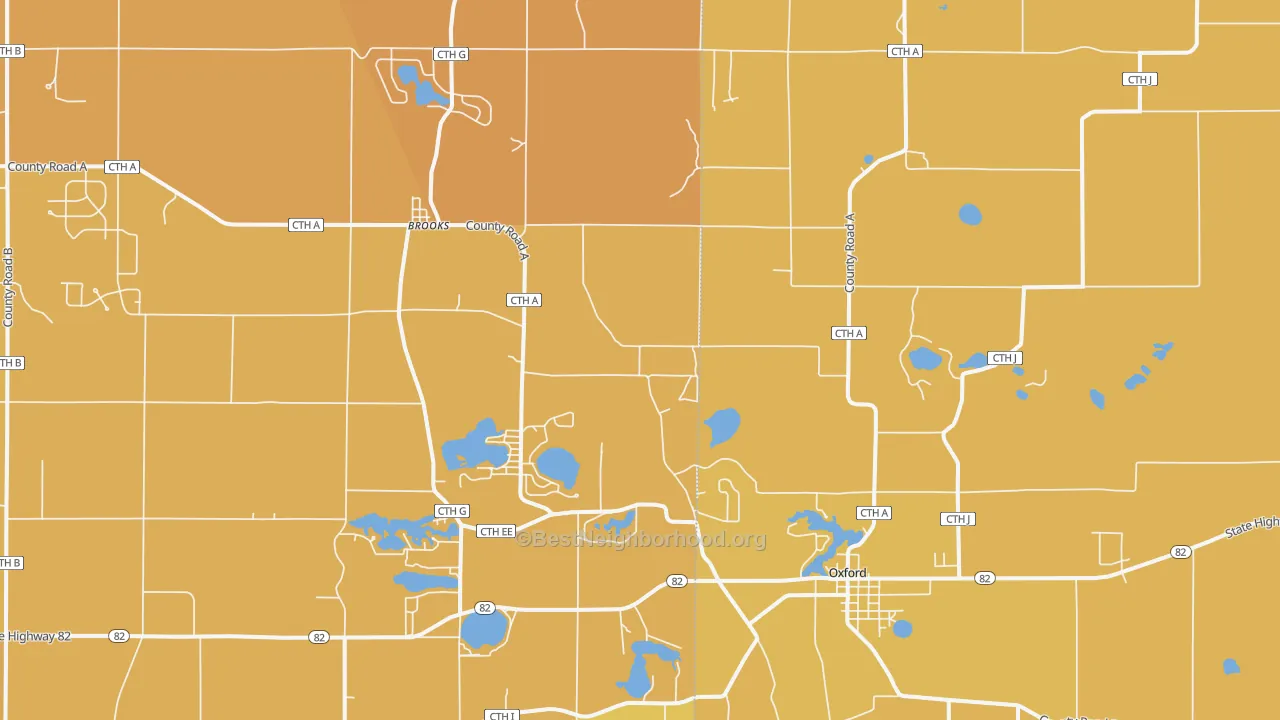 Map of the best neighborhoods in the 53952 area, with better matches in green and worse matches in red