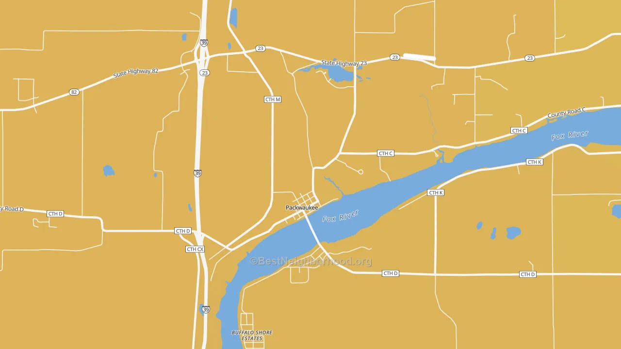 Map of the best neighborhoods in the 53953 area, with better matches in green and worse matches in red