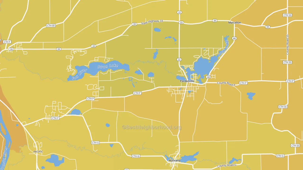 Map of the best neighborhoods in the 53954 area, with better matches in green and worse matches in red