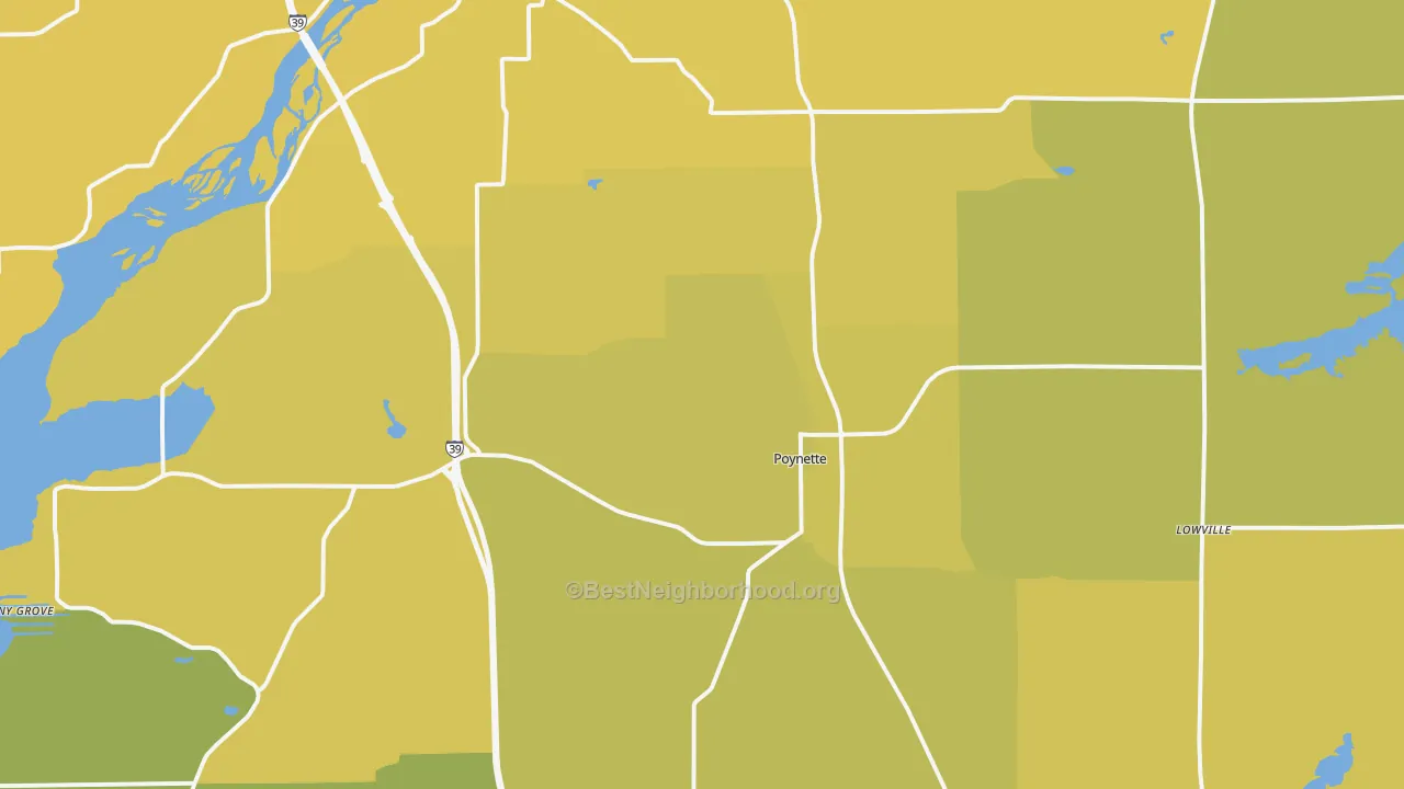 Map of the best neighborhoods in the 53955 area, with better matches in green and worse matches in red