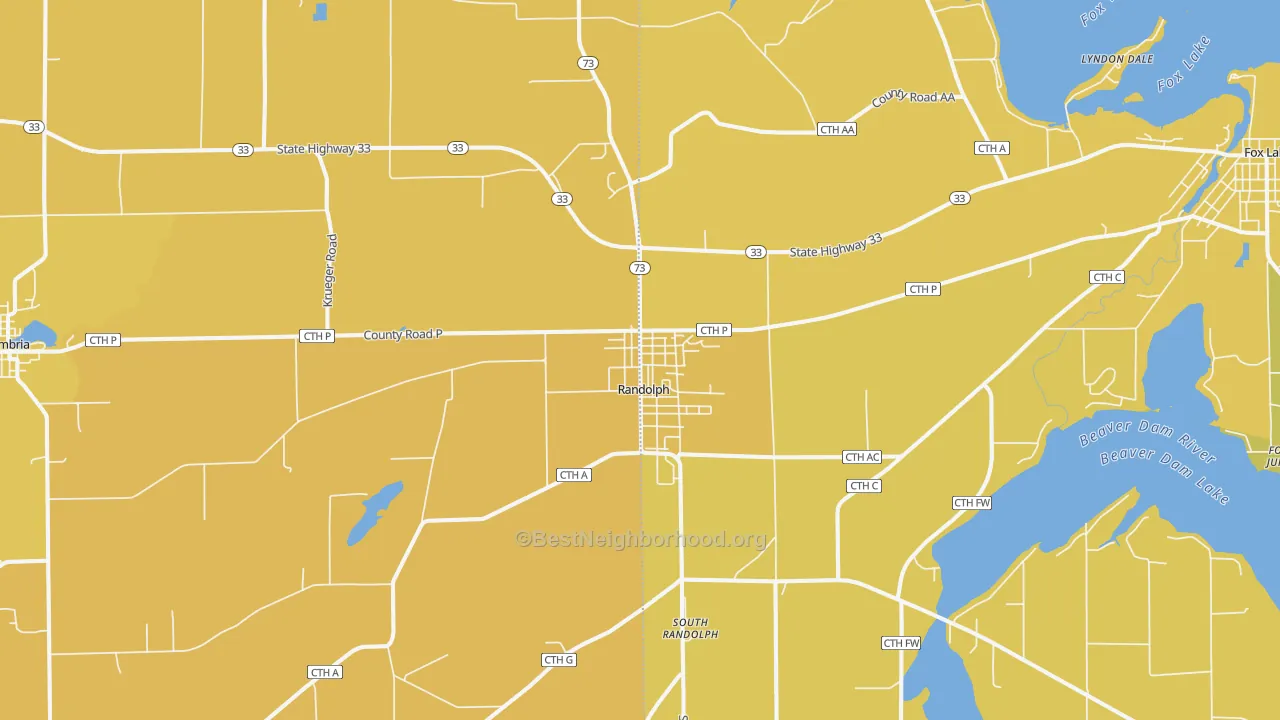 Map of the best neighborhoods in the 53956 area, with better matches in green and worse matches in red