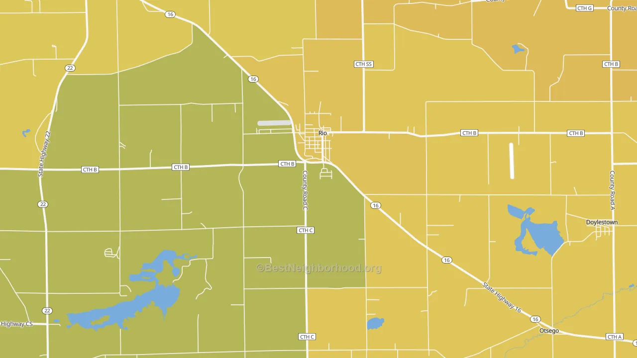 Map of the best neighborhoods in the 53960 area, with better matches in green and worse matches in red