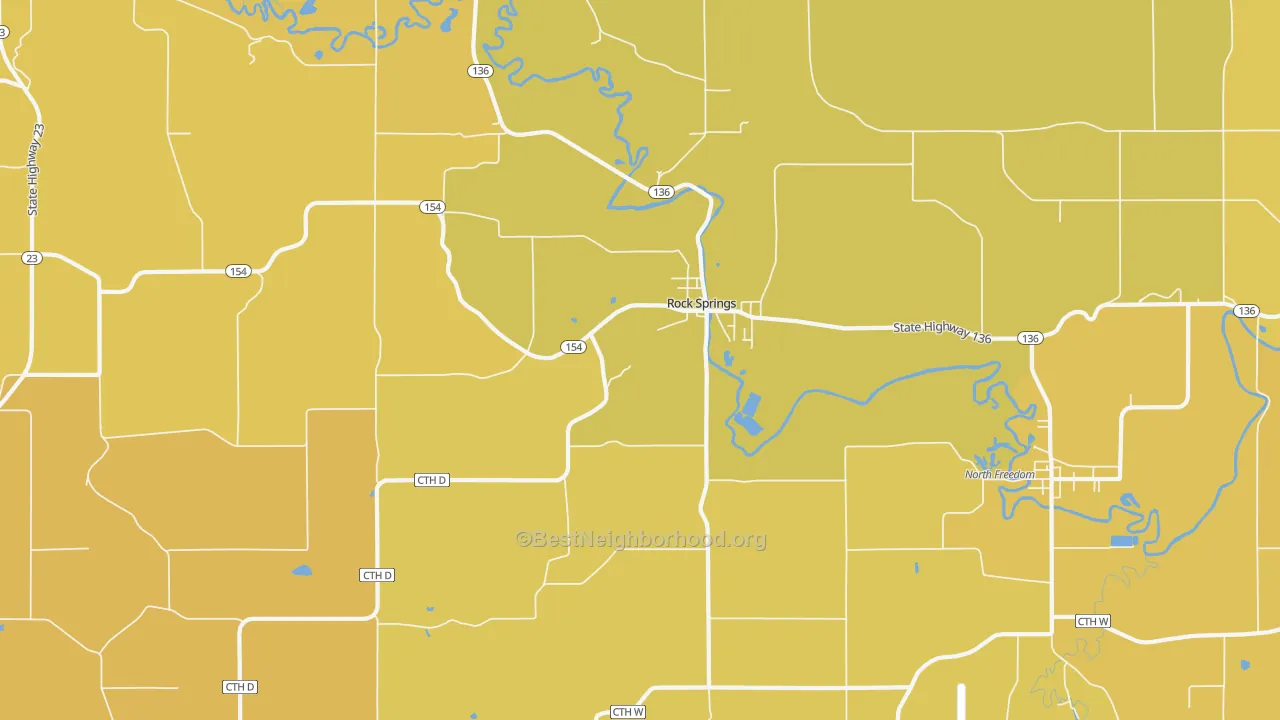 Map of the best neighborhoods in the 53961 area, with better matches in green and worse matches in red