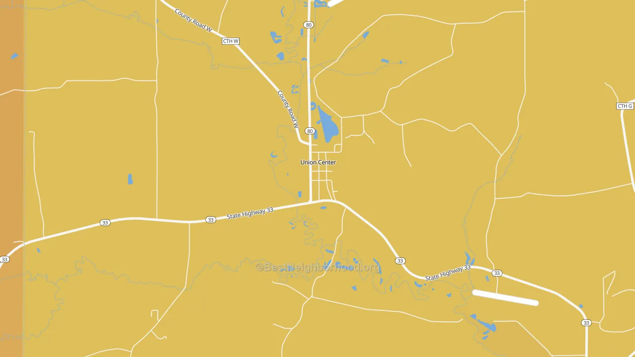 Map of the best neighborhoods in the 53962 area, with better matches in green and worse matches in red