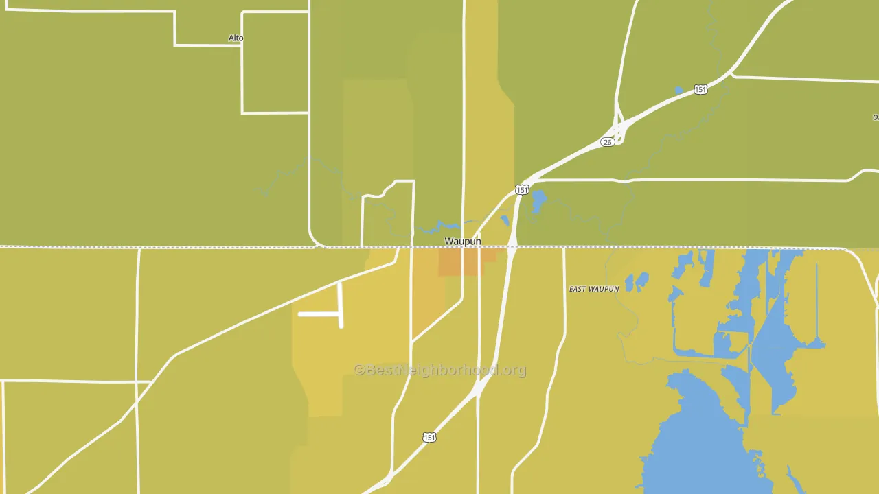 Map of the best neighborhoods in the 53963 area, with better matches in green and worse matches in red