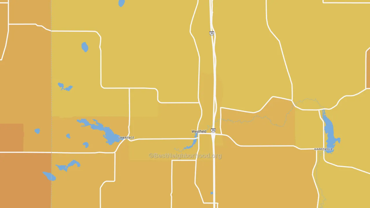 Map of the best neighborhoods in the 53964 area, with better matches in green and worse matches in red