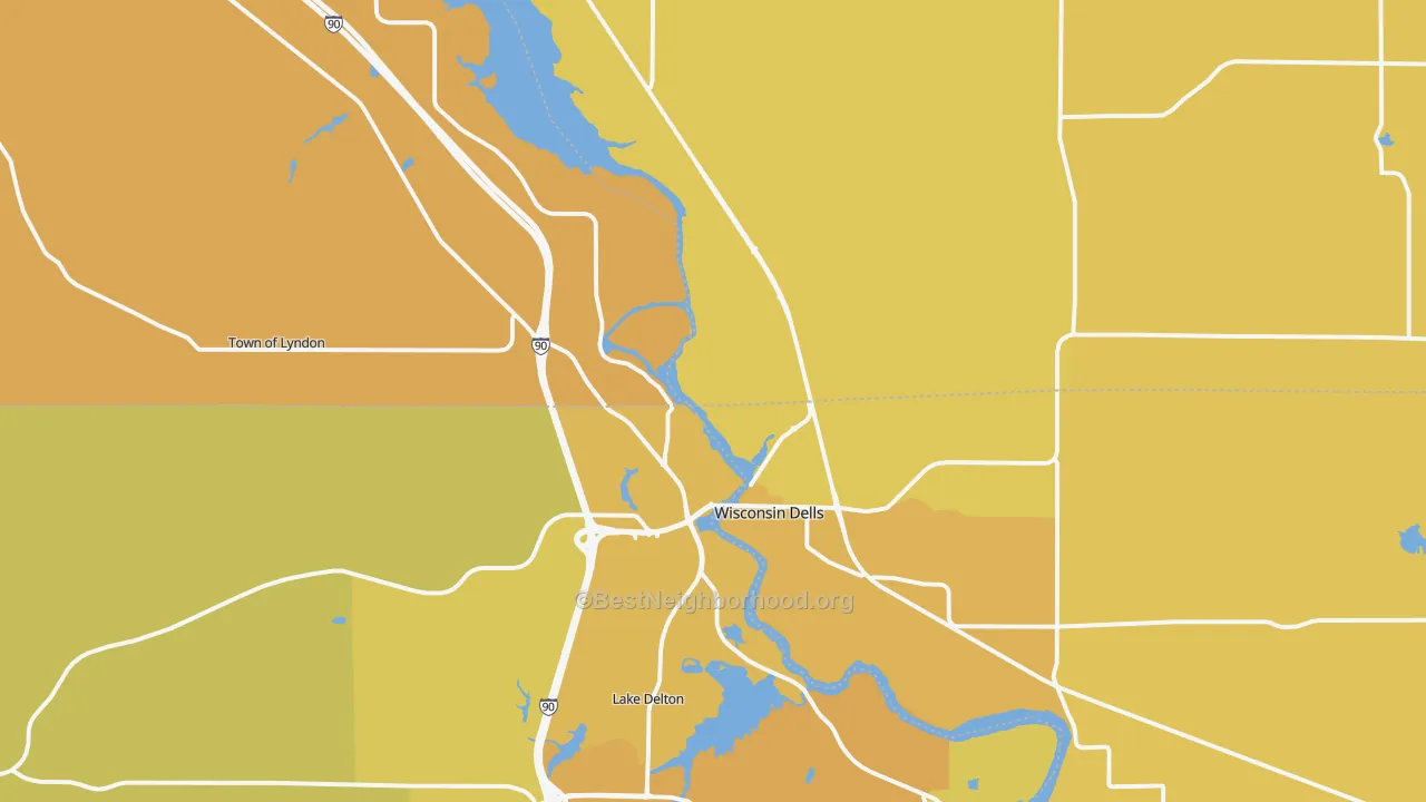 Map of the best neighborhoods in the 53965 area, with better matches in green and worse matches in red