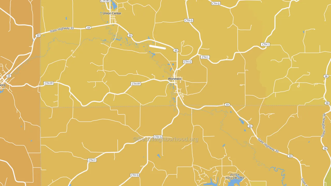 Map of the best neighborhoods in the 53968 area, with better matches in green and worse matches in red