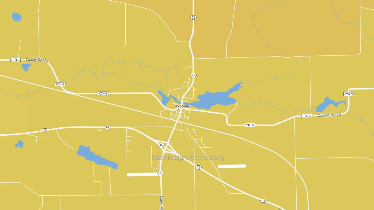 Map of the best neighborhoods in the 53969 area, with better matches in green and worse matches in red