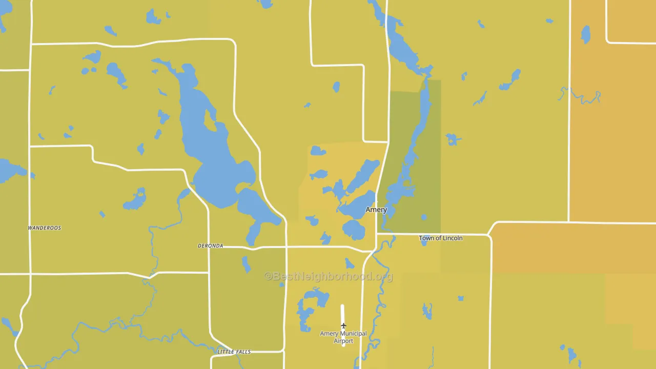 Map of the best neighborhoods in the 54001 area, with better matches in green and worse matches in red