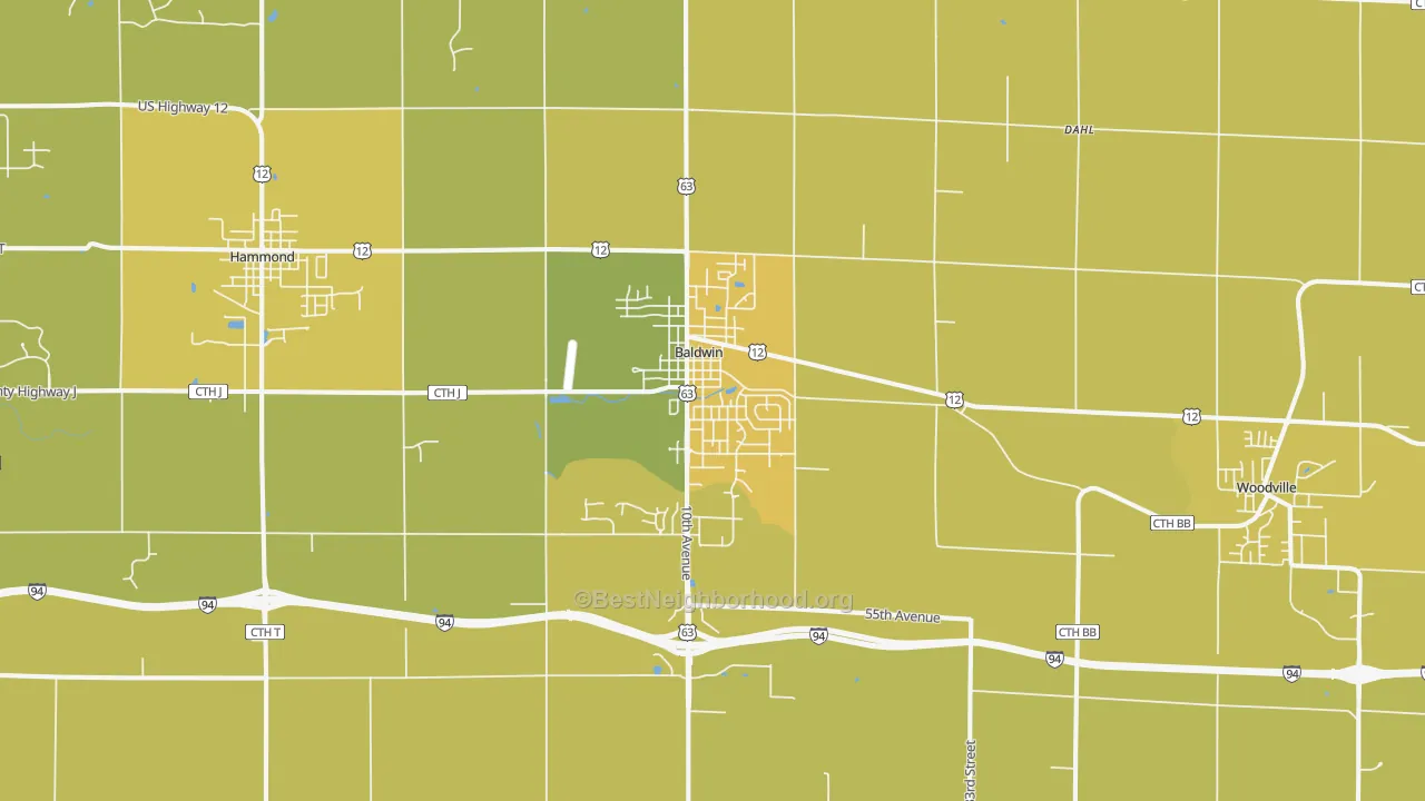 Map of the best neighborhoods in the 54002 area, with better matches in green and worse matches in red