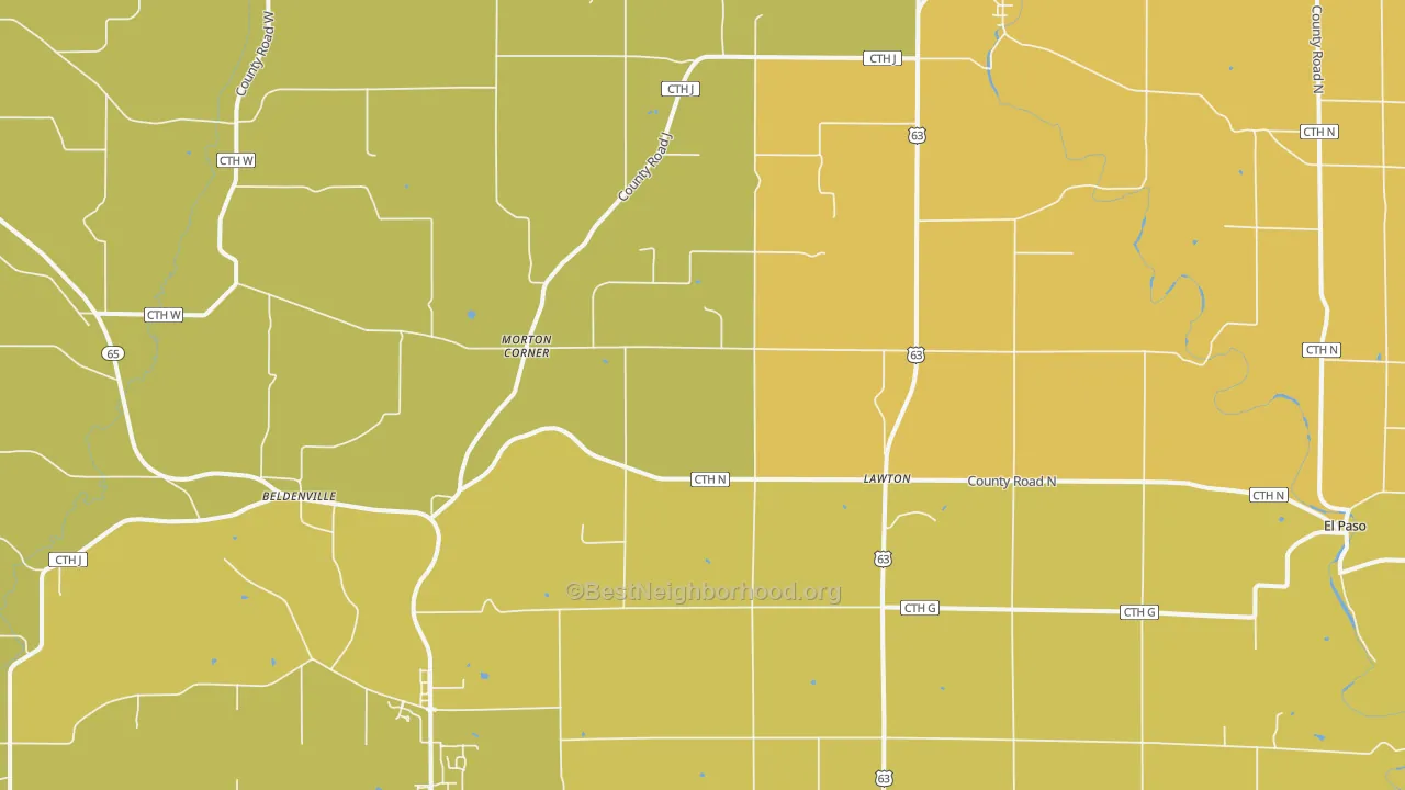 Map of the best neighborhoods in the 54003 area, with better matches in green and worse matches in red