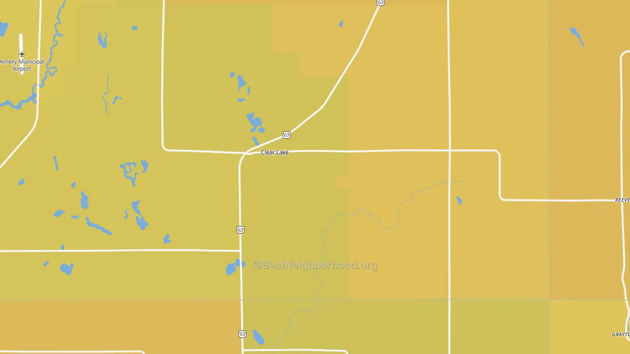 Map of the best neighborhoods in the 54005 area, with better matches in green and worse matches in red