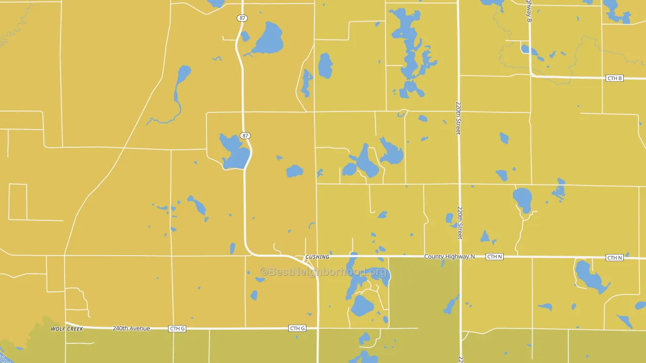 Map of the best neighborhoods in the 54006 area, with better matches in green and worse matches in red