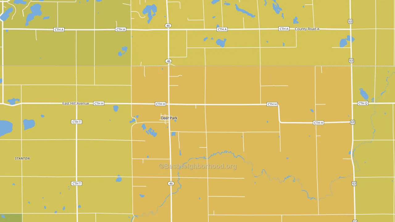 Map of the best neighborhoods in the 54007 area, with better matches in green and worse matches in red