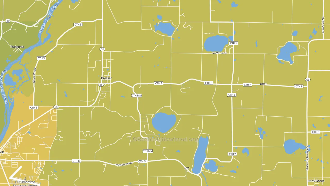 Map of the best neighborhoods in the 54009 area, with better matches in green and worse matches in red