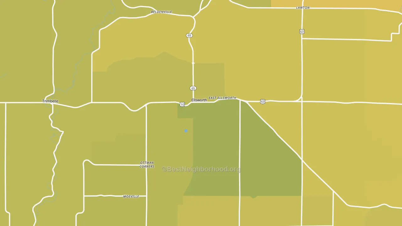 Map of the best neighborhoods in the 54011 area, with better matches in green and worse matches in red