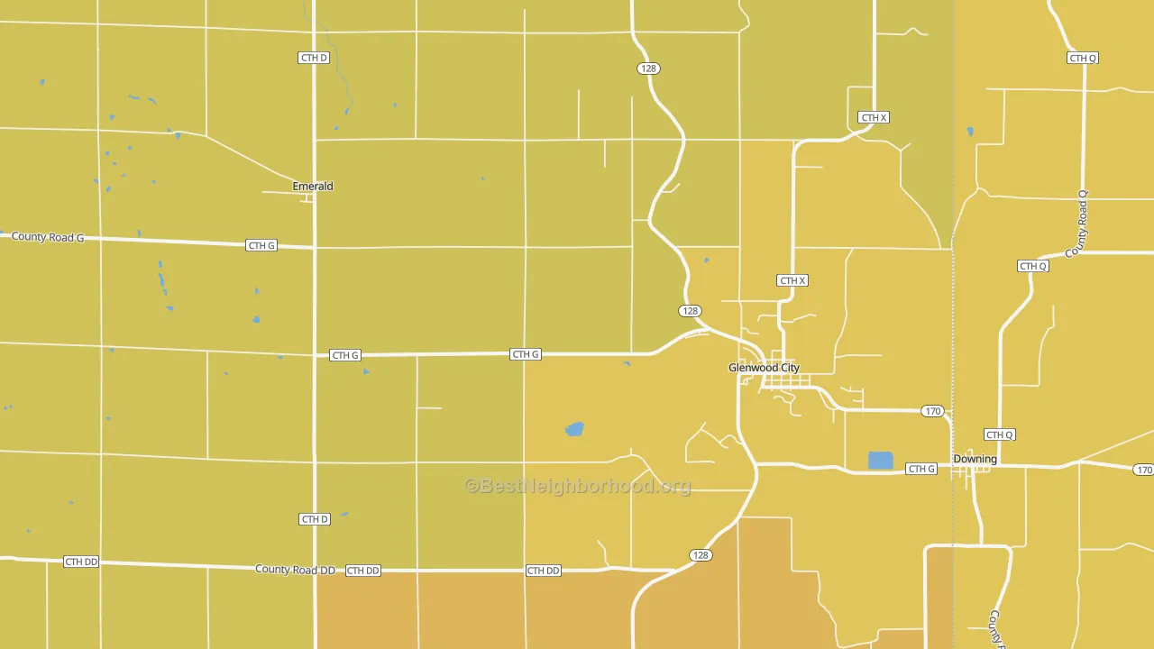 Map of the best neighborhoods in the 54013 area, with better matches in green and worse matches in red