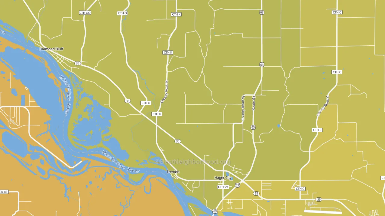 Map of the best neighborhoods in the 54014 area, with better matches in green and worse matches in red