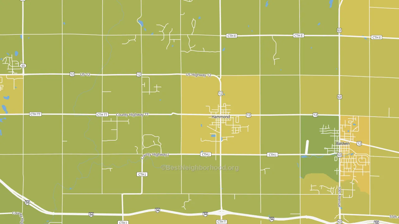 Map of the best neighborhoods in the 54015 area, with better matches in green and worse matches in red