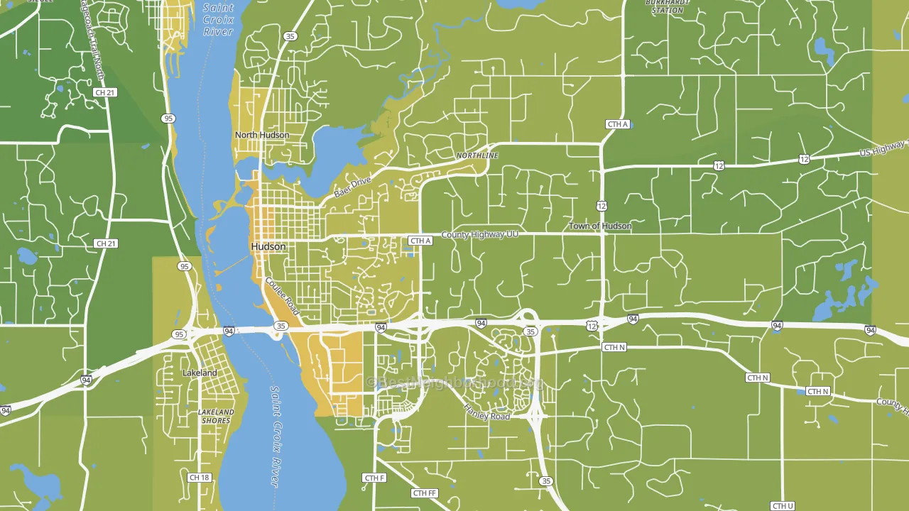 Map of the best neighborhoods in the 54016 area, with better matches in green and worse matches in red