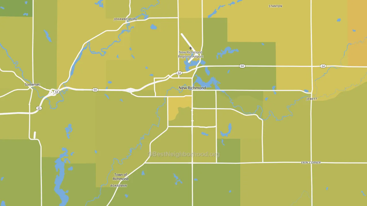 Map of the best neighborhoods in the 54017 area, with better matches in green and worse matches in red