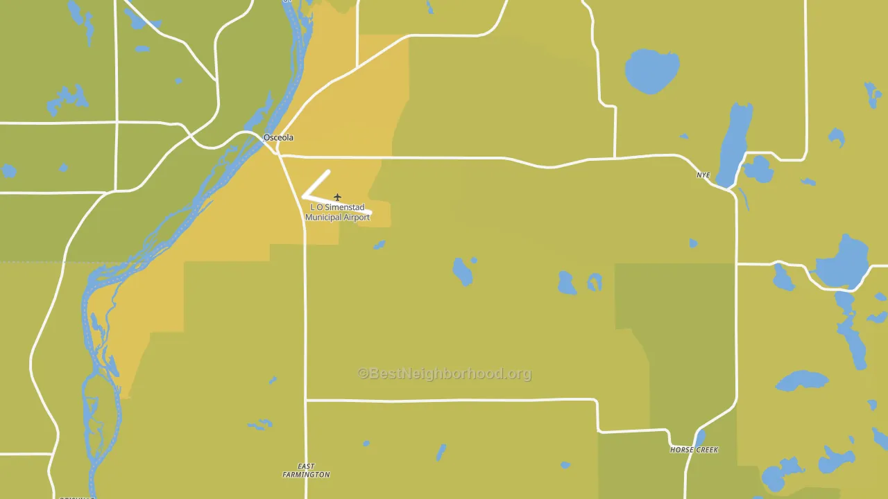 Map of the best neighborhoods in the 54020 area, with better matches in green and worse matches in red