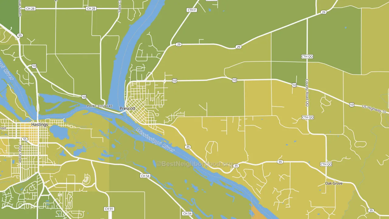 Map of the best neighborhoods in the 54021 area, with better matches in green and worse matches in red
