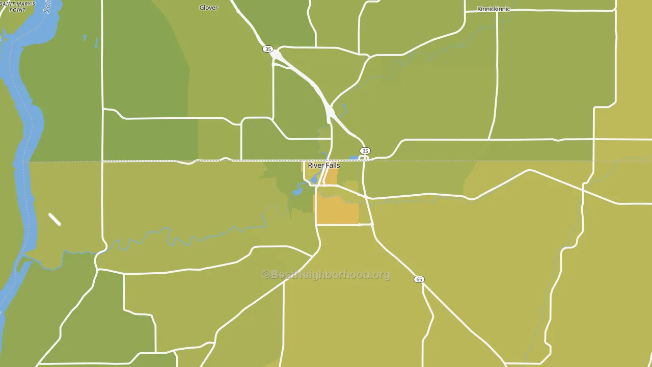 Map of the best neighborhoods in the 54022 area, with better matches in green and worse matches in red