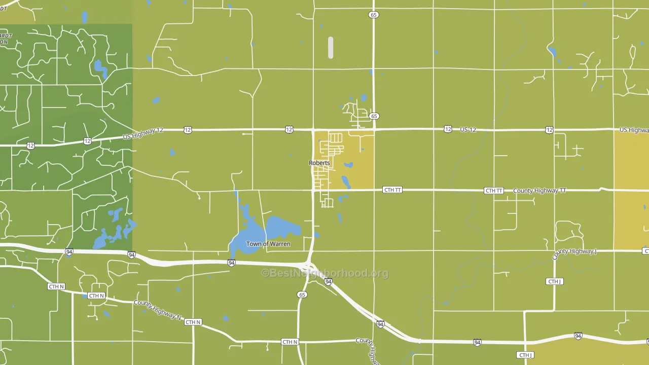 Map of the best neighborhoods in the 54023 area, with better matches in green and worse matches in red