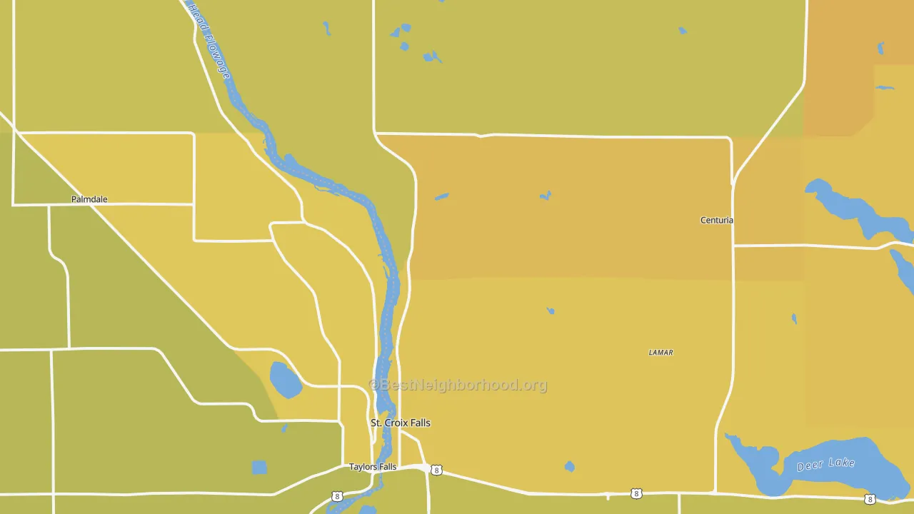 Map of the best neighborhoods in the 54024 area, with better matches in green and worse matches in red