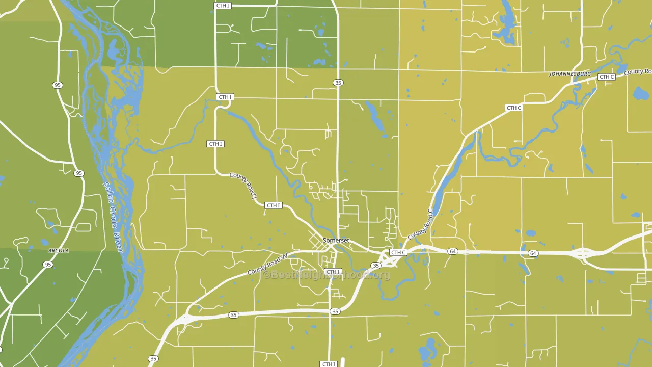 Map of the best neighborhoods in the 54025 area, with better matches in green and worse matches in red