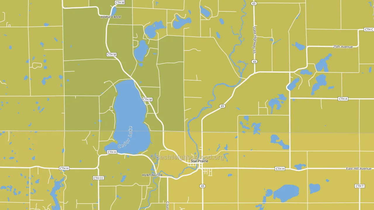 Map of the best neighborhoods in the 54026 area, with better matches in green and worse matches in red