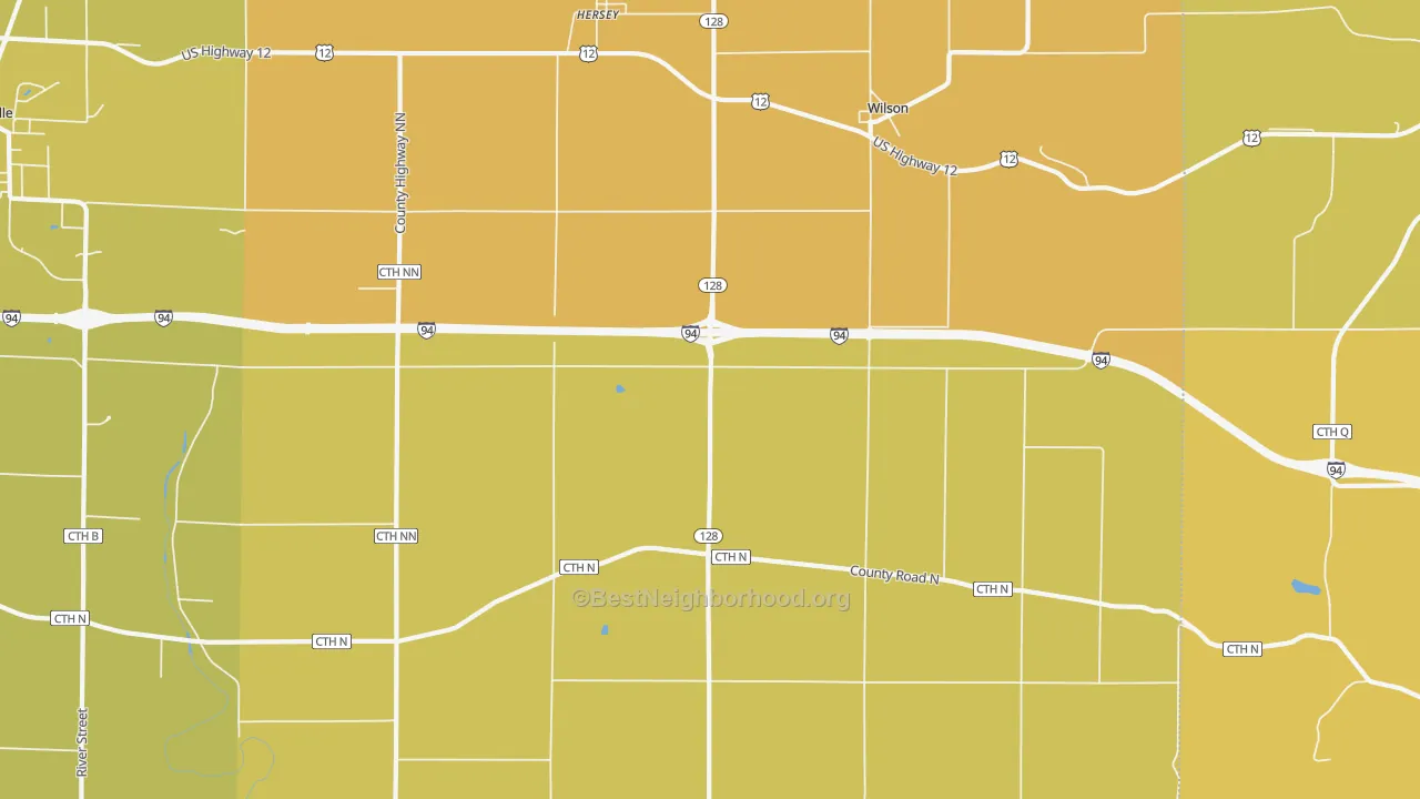 Map of the best neighborhoods in the 54027 area, with better matches in green and worse matches in red
