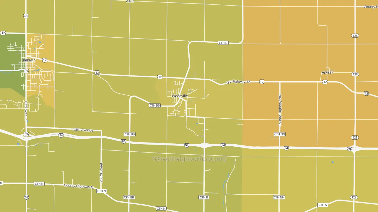 Map of the best neighborhoods in the 54028 area, with better matches in green and worse matches in red