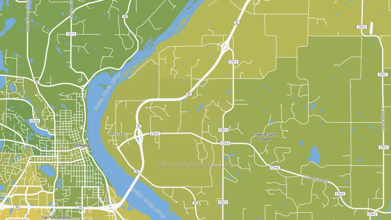 Map of the best neighborhoods in the 54082 area, with better matches in green and worse matches in red