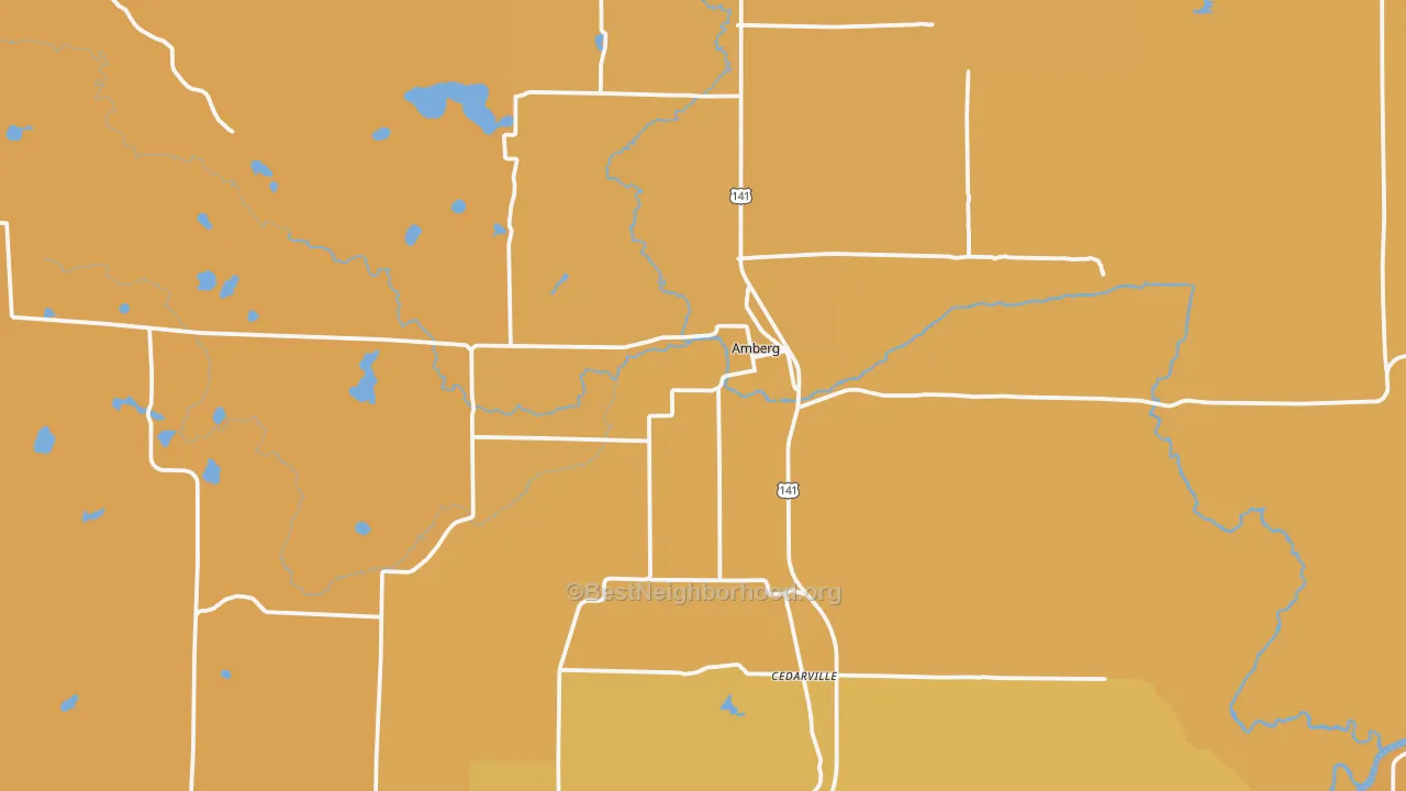 Map of the best neighborhoods in the 54102 area, with better matches in green and worse matches in red