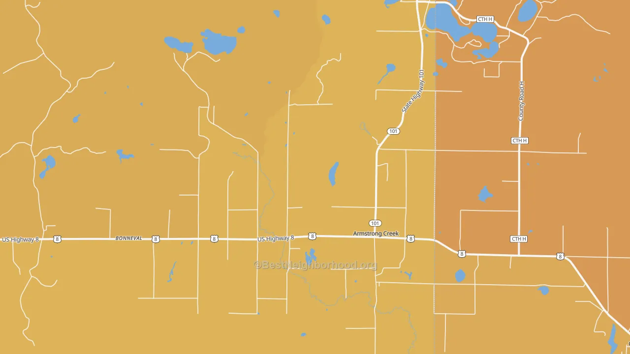 Map of the best neighborhoods in the 54103 area, with better matches in green and worse matches in red