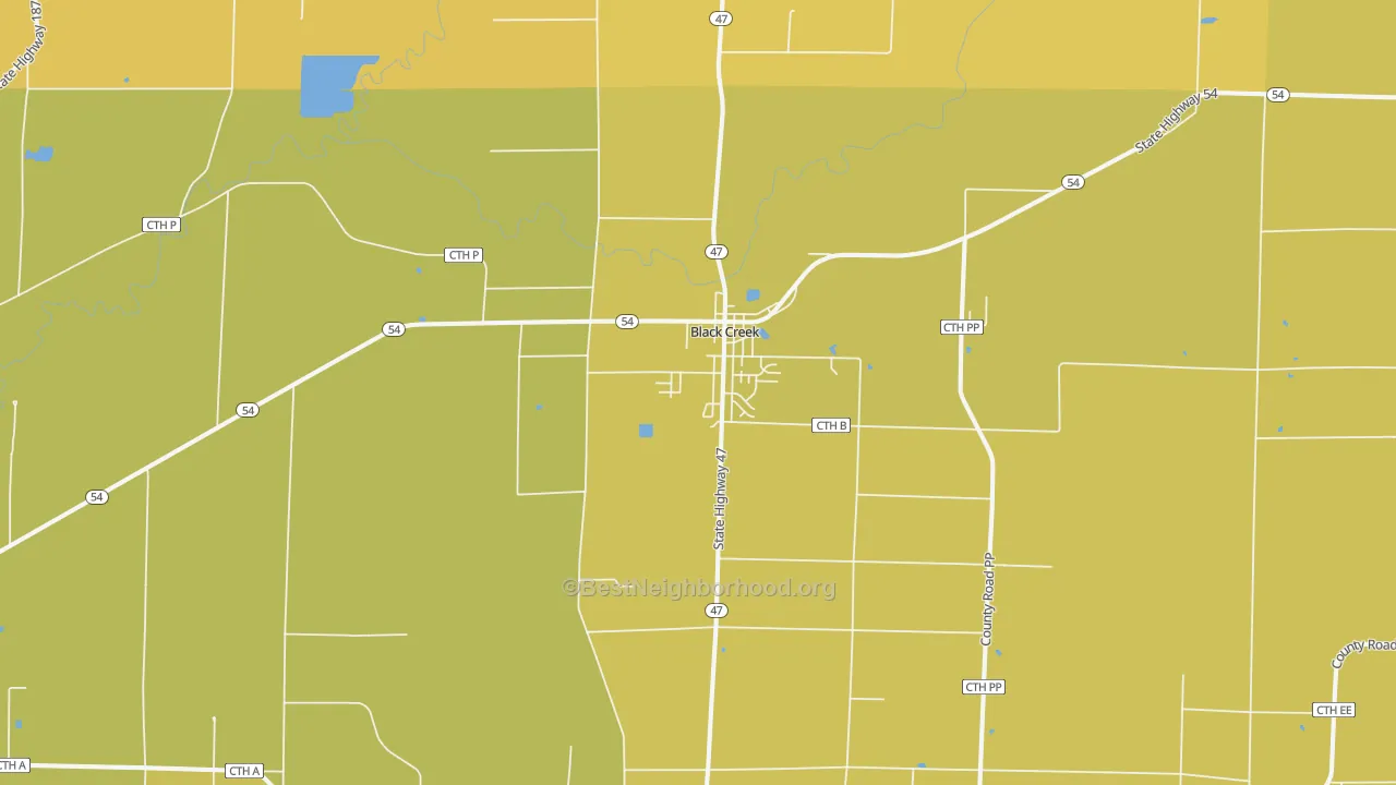 Map of the best neighborhoods in the 54106 area, with better matches in green and worse matches in red