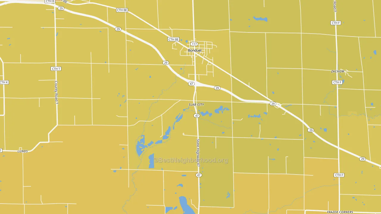 Map of the best neighborhoods in the 54107 area, with better matches in green and worse matches in red