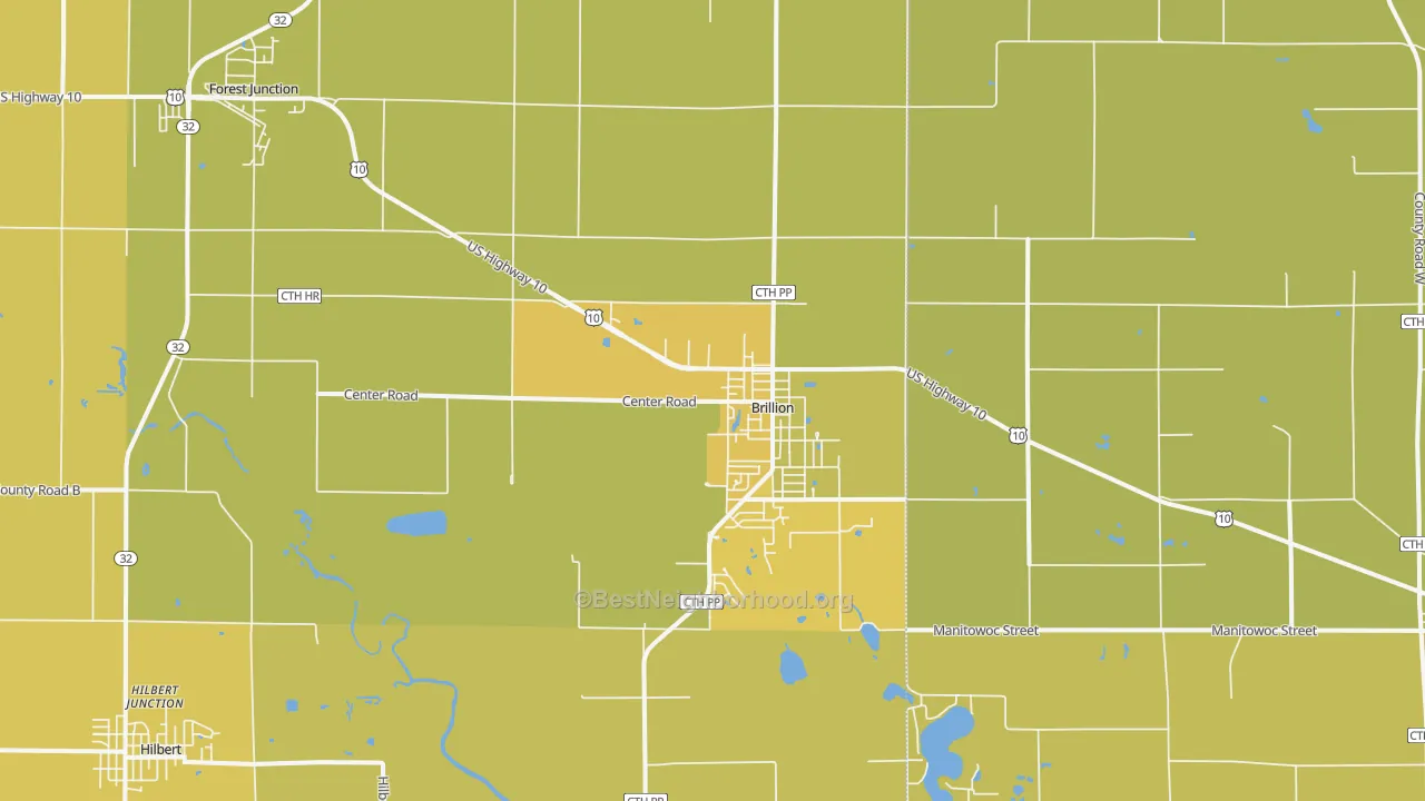 Map of the best neighborhoods in the 54110 area, with better matches in green and worse matches in red