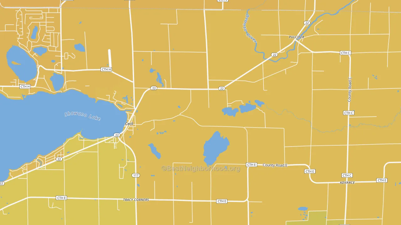 Map of the best neighborhoods in the 54111 area, with better matches in green and worse matches in red
