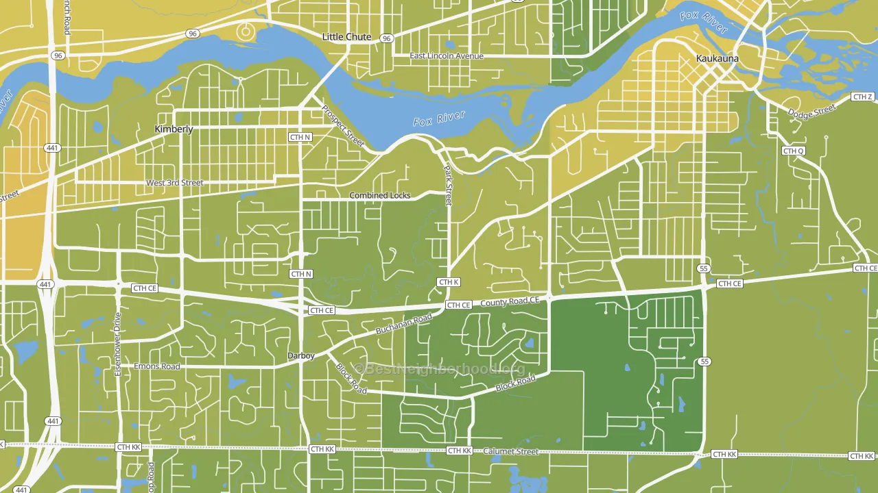 Map of the best neighborhoods in the 54113 area, with better matches in green and worse matches in red