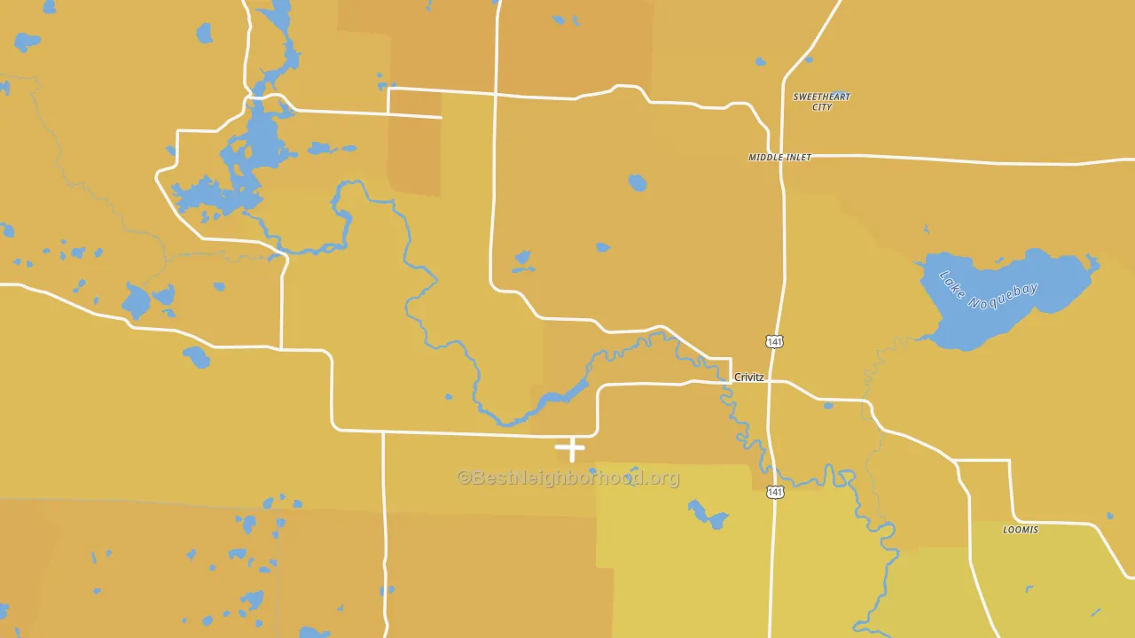 Map of the best neighborhoods in the 54114 area, with better matches in green and worse matches in red