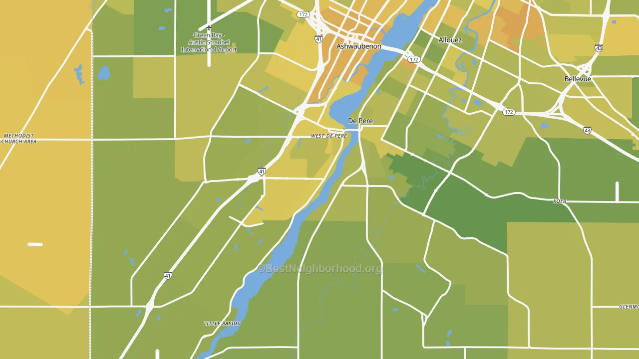 Map of the best neighborhoods in the 54115 area, with better matches in green and worse matches in red