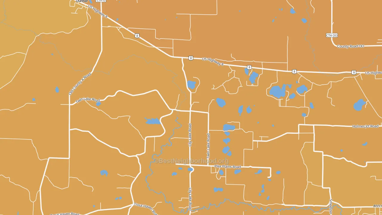 Map of the best neighborhoods in the 54119 area, with better matches in green and worse matches in red